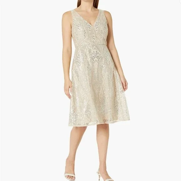 Adrianna Papell | Dresses | Nwt Adrianna Papell Champagne Geometric Sequin  Fit And Flare Dress Size 4 | Poshmark